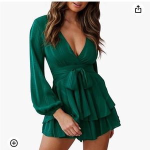 dark green plaid romper with ruffles and bow